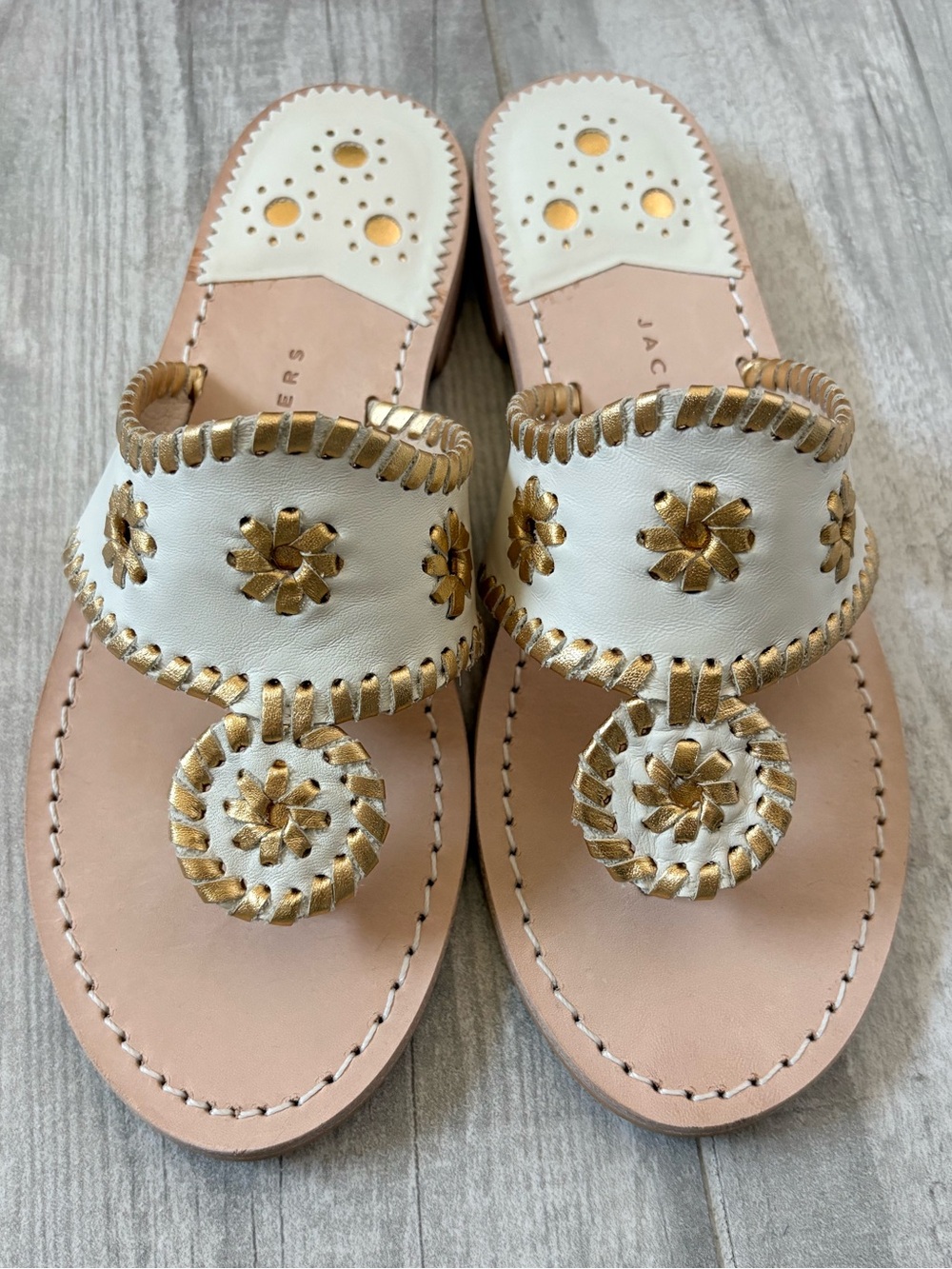 Jack Rogers White Leather Sandals with Gold Accents